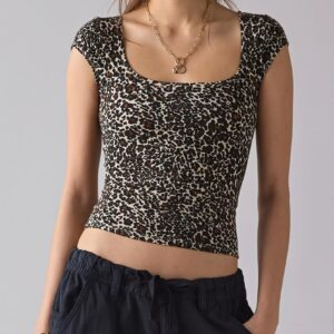 Square Neck Ribbed Printed T-shirt