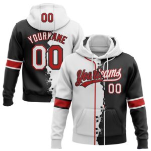 Custom Black Red-White Split Ripped Pattern Baseball Pullover Sweatshirt Hoodie