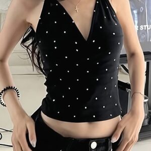Polka Dot V Neck Cropped Halter Top