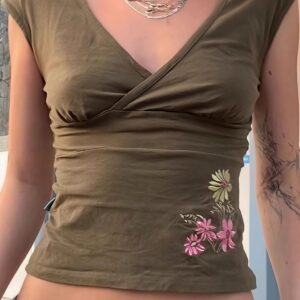 Cross V Neck Floral Embroidered T-shirt